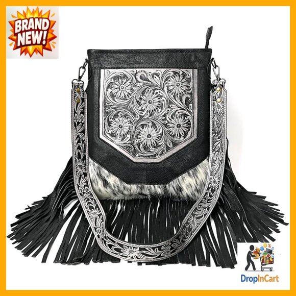 Hand Tooled Leather Crossbody Bag Fringed Boho Chic Cowgirl Style Adjustable